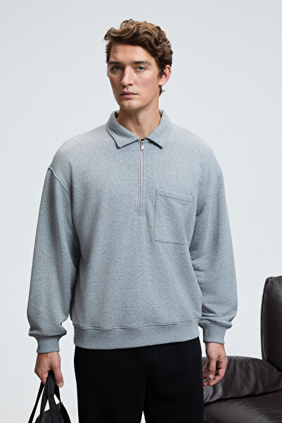 GRIMELANGE August Men's 100% Cotton Half Zip Collar Pocket Ornamental Label Grimelange Sweatshirt