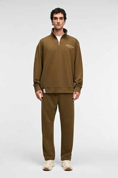 GRIMELANGE BRAM Мъжки 100% памук, с висока яка, полу-цип, с принт, каки суитшърт