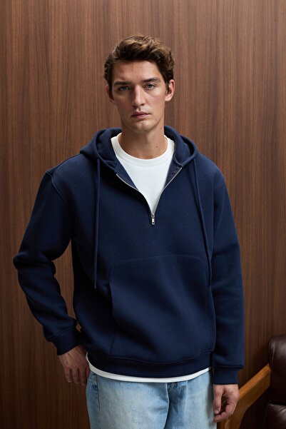 GRIMELANGE JUSTUS Erkek Kapüşonlu Kanguru Cepli Fermuar Yakalı Lacivert Sweatshirt