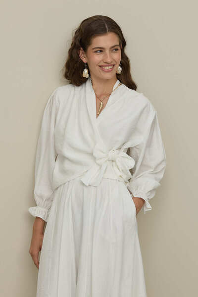 Fahhar Ecru Traditional Tie-Up Textured Blouse