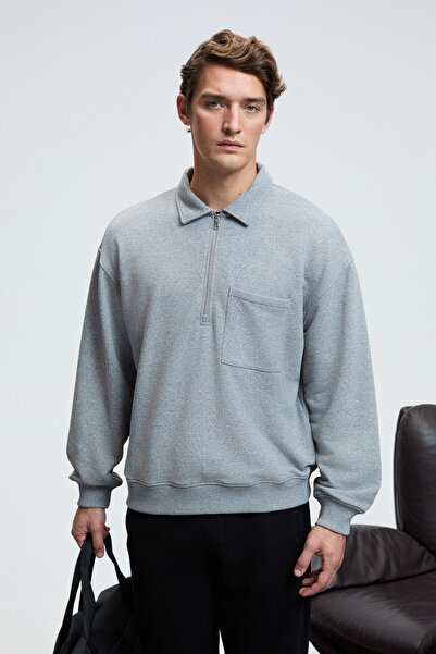 GRIMELANGE August Men's 100% Cotton Half Zip Collar Pocket Ornamental Label Grimelange Sweatshirt