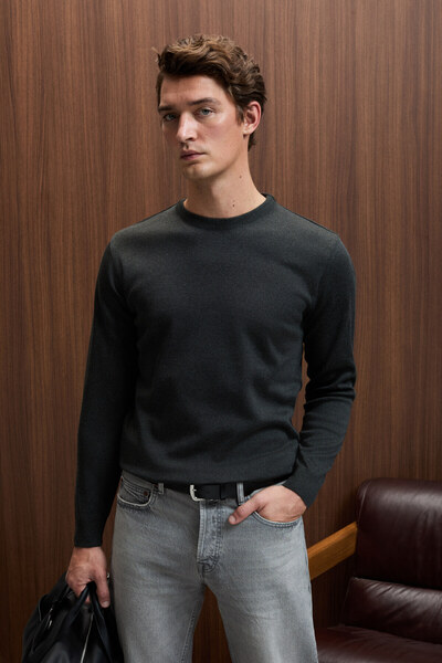 GRIMELANGE VAREX Erkek Yuvarlak Yaka Basic Slim Fit Triko Antrasit Kazak