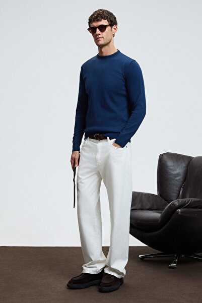 GRIMELANGE Varex Men's Round Neck Basic Slim Fit Knitwear Indigo Sweater