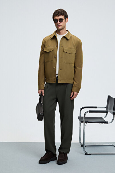 GRIMELANGE Brigham Men's Elastic Waist Pleated Relaxed Fit Woven Khaki Pants with Side and Back Pockets and Zipper Closure