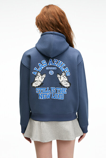 GRIMELANGE سويت شيرت نسائي من SLOPANE ذو قلنسوة مطبوع باللون الأزرق الداكن