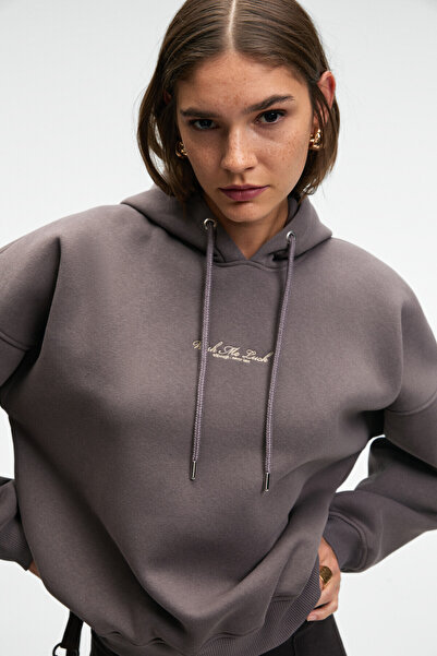 GRIMELANGE JASSES Kadın Oversize Nakışlı Kapüşonlu Antrasit Sweatshirt