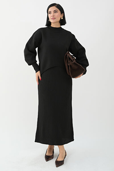 InStyle Fekete léggömb ujjú kötöttáru szett - ruhával