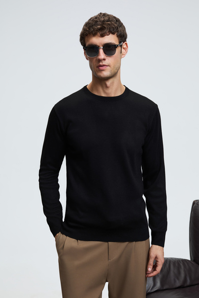 GRIMELANGE VAREX Erkek Yuvarlak Yaka Basic Slim Fit Triko Siyah Kazak