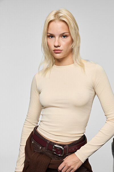 GRIMELANGE GRIGROS Γυναικείο μπλουζάκι με μακρύ μανίκι, ελαστικό ύφασμα, λεπτή εφαρμογή, μπεζ