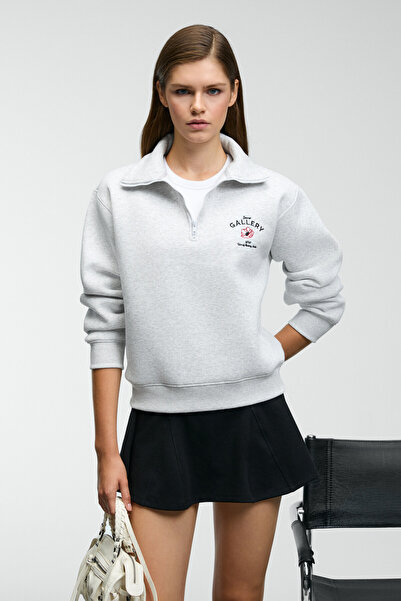GRIMELANGE BELLE Kadın Nakış Detaylı Yarım Fermuarlı Dik Yakalı Regular Fit Grimelanj Sweatshirt