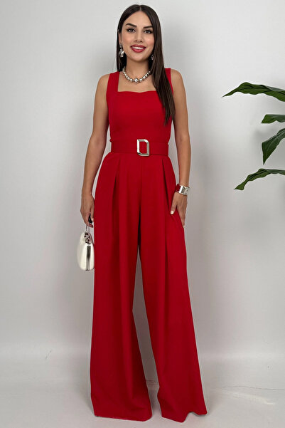 Dolcha Noir Flow Kadın Kırmızı Kemerli Askılı Bol Paça Tulum – Zarif Şıklık