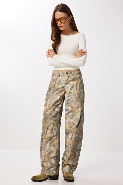 Lovelyİstanbul Džíny Barrel Fit s potiskem LUT0020 KHAKI