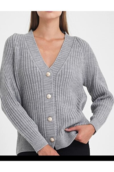 Dagü Design Kadın gold düğmeli fitilli oversize triko hırka gri