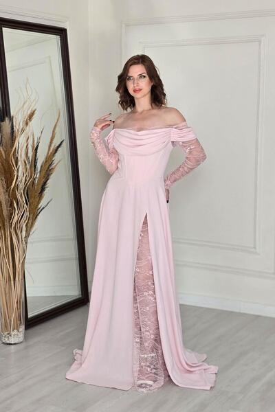 Yonca Moda Evi Pembe Dantel Kollu Tasarım Elbise 2718