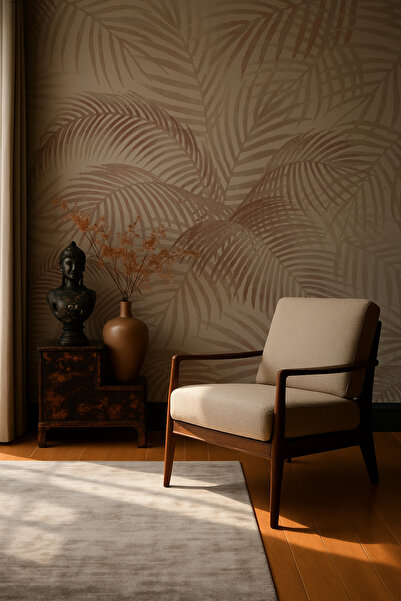 Arkhearts Bej Palmiye Yaprak Desenli Kendinden Yapışkanlı Duvar Kağıdı | Trop...