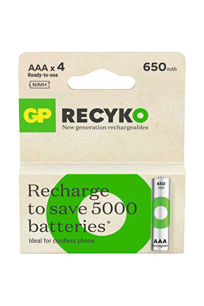GP Batteries Recyko 650 Aaa Ince Kalem Ni-mh Şarjlı Pil, 1.2 Volt, 4'lü Kart