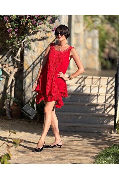 Punta Otantik VL1207 Kolsuz Vual Mini Elbise Kırmızı