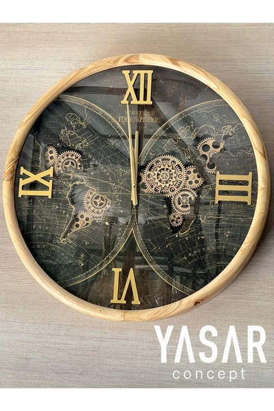 YASAR CONCEPT Globarix Dünya Haritalı Ahşap Çarklı Duvar Saati 60 Cm