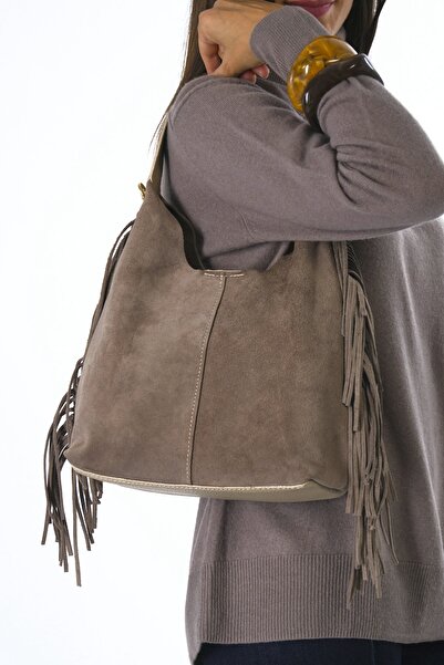 ABBRA Women's Real Suede Leather Puppy Bag with Tassels on the Sides