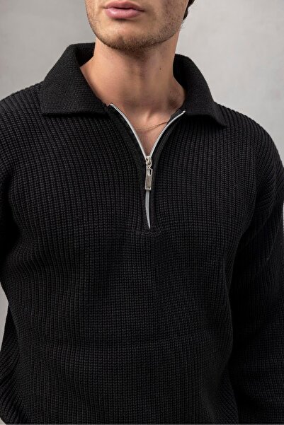 Valiberta Πουλόβερ Gibson Oversize με μισό φερμουάρ, πλεκτό ανδρικό πλεκτό πουλόβερ με γιακά πόλο - Μαύρο