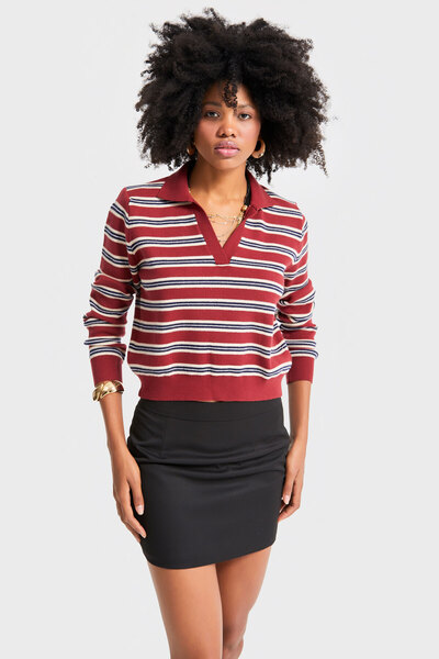 its basic Дамска червена индиго цветна w5-35 поло блуза с ленти и свободна кройка