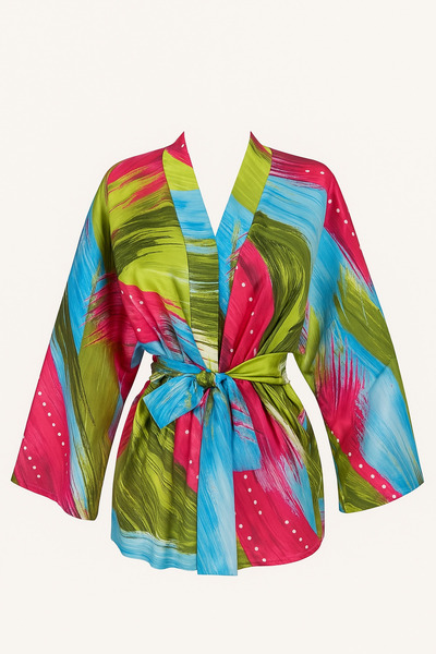 Glowear Atelier Karışık Desenli Saten Kuşaklı Tasarım Kimono