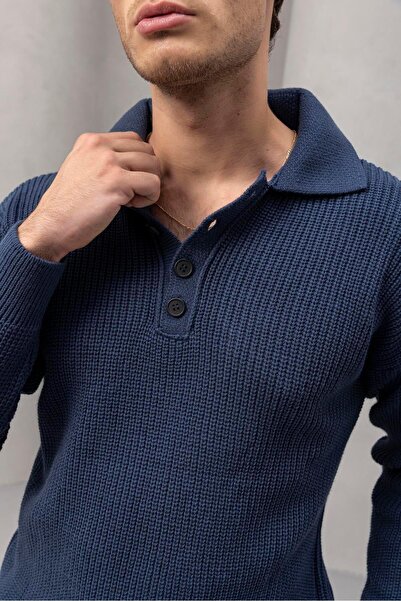Valiberta Oversize Selanik Örgü 4 Düğmeli Yarım Pat Rahat Kalıp Erkek Triko Kazak - İndigo