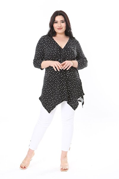 Şans Kadın Büyük Beden Siyah Göğüs Büzmeli Puan Desenli Kapri Kollu Bluz 65N37949