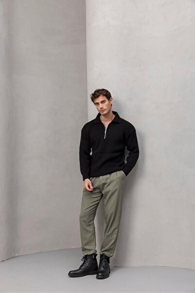 Valiberta Πουλόβερ Gibson Oversize με μισό φερμουάρ, πλεκτό ανδρικό πλεκτό πουλόβερ με γιακά πόλο - Μαύρο