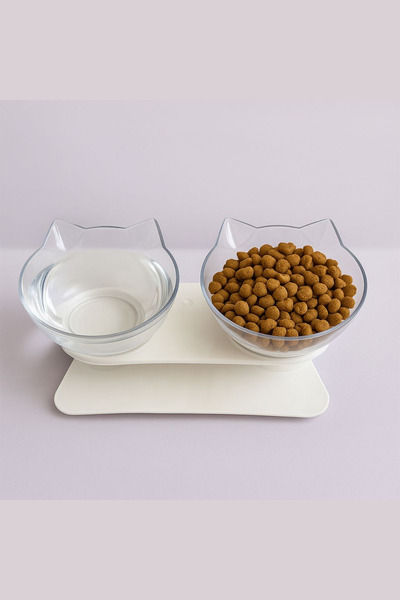 YAPAY ÇİÇEKÇİNİZ Çift Hazneli Kedi Kulaklı Beslenme Mama ve Su Kabı 350 ML
