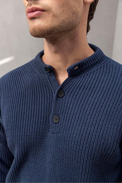 Valiberta Wes Thessaloniki Knitted 3 Button Half Placket Άνετο Πλεκτό Ανδρικό Πουλόβερ - Indigo