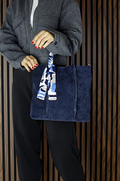 Erkan Saçmacı Navy Blue Genuine Cowhide Suede Large Size Daily Shoulder Bag with Magnetic Closure, Zippered Inner Pocket and Strap