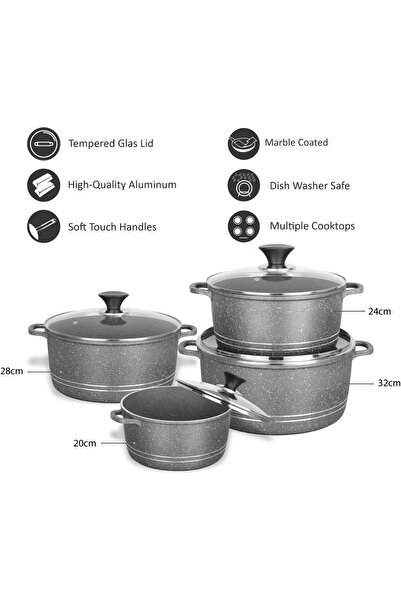 SONEX مجموعة أواني طهي من 8 قطع، أواني ألومنيوم غير لاصقة بأغطية من الزجاج المقسّى، مطلية بالرخام، لون أسود
