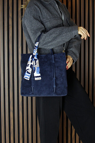 Erkan Saçmacı Navy Blue Genuine Cowhide Suede Large Size Daily Shoulder Bag with Magnetic Closure, Zippered Inner Pocket and Strap
