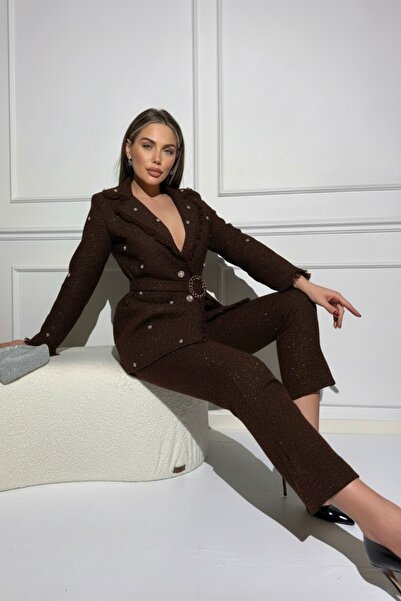 1Moda1Tarz Kadın İthal Simli Tüvit Kumaş Astarlı Kemerli Püskül Detay Boncuk Aksesuarlı Tasarım Takım
