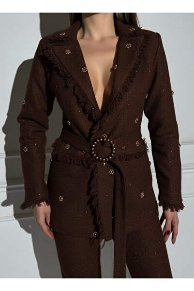 1Moda1Tarz Kadın İthal Simli Tüvit Kumaş Astarlı Kemerli Püskül Detay Boncuk Aksesuarlı Tasarım Takım