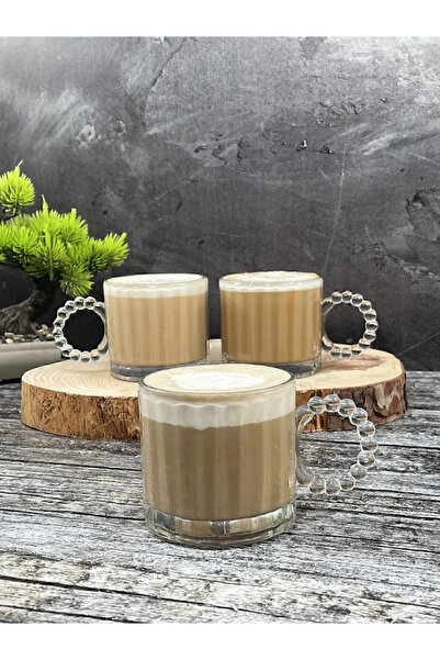 Amentes 3 Lü Cam Boncuk Kulplu Bardak Kupa Çay Kahve Meşrubat Bardağı 275ml