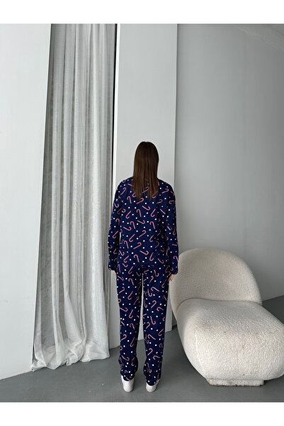 LETS BASIC Navy Blue Candy Patterned Long Sleeve Women's Pajama Set