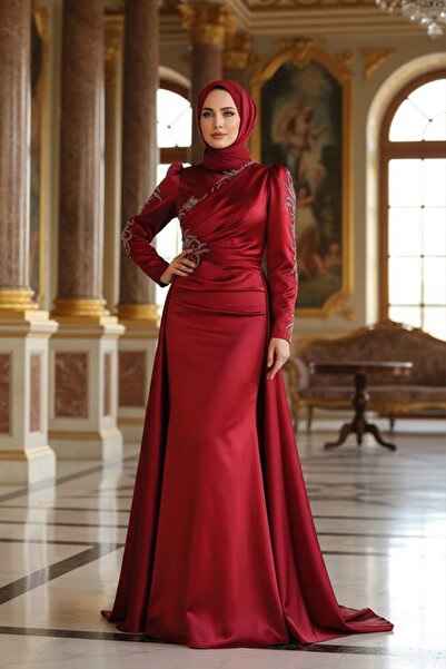 Neva Style Kuyruklu Bordo Saten Tesettür Abiye 22881br