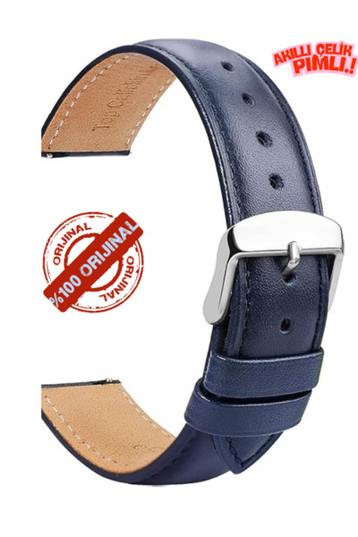onlinekordon ⌚   22mm Watch Compatible Navy Blue Color Classic Model Leather Watch Band Strap with 46mm Smart Pins