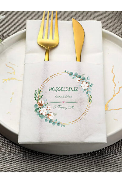 loyderlena 50 Adet Kişiye Özel İsim Baskılı Cepli Peçete Düğün Nişan Söz Peçe...