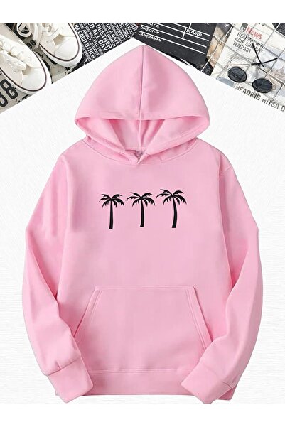 DM DOLCE MORE Hanorac oversize cu imprimeu cu palmieri roz din bumbac pieptăn...