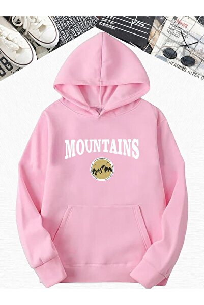 DM DOLCE MORE سترة رياضية كبيرة الحجم بقلنسوة مطبوعة بنقش الجبال الوردية من ا...