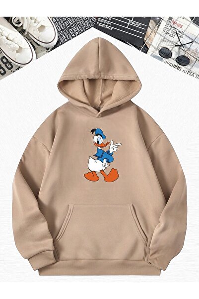 DM DOLCE MORE سترة رياضية كبيرة الحجم مطبوعة بشخصيات كرتونية بخطوط بيج من الق...