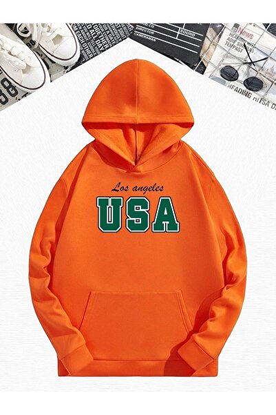 DM DOLCE MORE Φούτερ με κουκούλα με στάμπα LOS ANGELES, 3 ΚΛΕΙΔΕΣ ΠΟΡΤΟΚΑΛΙ ΧΡΩΜΑΤΟΣ, OVERSIZE