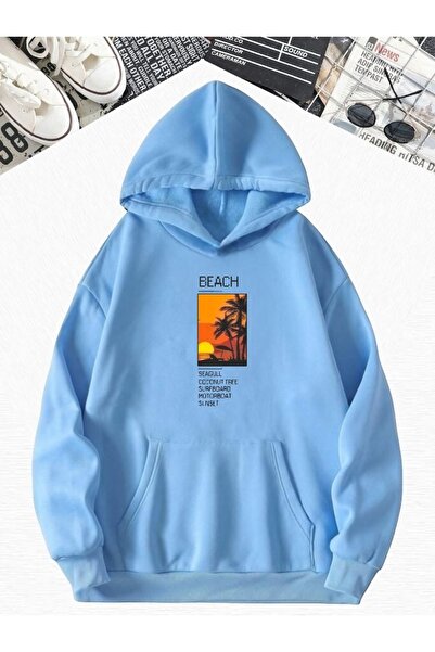 DM DOLCE MORE سترة رياضية كبيرة الحجم مطبوعة بنقشة الشاطئ باللون الأزرق الفات...