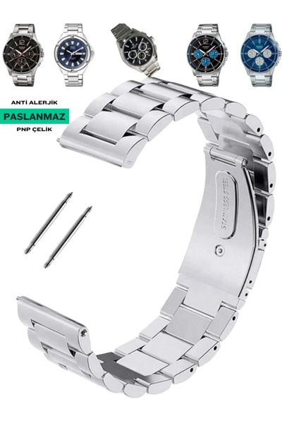 onlinekordon ⌚   26mm Silver Color Stainless Steel Watch Band |   Impact Resistant Metal Strap with Steel Pins