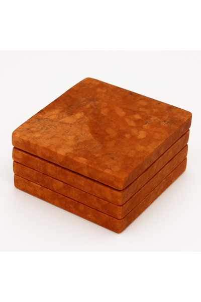 Modelce Set of 4 Red Travertine Square Coasters 10X10 cm - Natural Stone Marb...