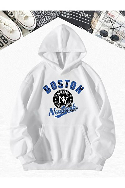 DM DOLCE MORE سترة رياضية بيضاء كبيرة الحجم بقلنسوة مطبوعة بنمط بوسطن من القط...