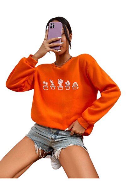 DM DOLCE MORE Hanorac unisex supradimensionat cu 3 fire din bumbac pieptănat cu imprimeu cactus